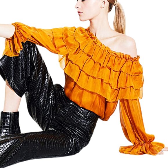 Alice + Olivia Ersa Silk Ruffle Tiered Off Shoulder Blouse XS Designer - Picture 6 of 11